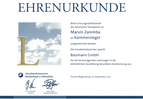 Ehrenurkunde für Marvin Zaremba.